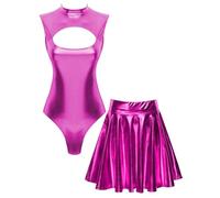 Lejafay Robe De Fête À Paillettes Spatiales Costume D Extraterrestre Pour Femme Body Sans Manches Avec Jupe Patineuse Métallisée Tenue De Discothèque Clubwear Rose vif L