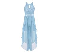 Lejafay Robe Fille Élégante Combinaison Pantalon en Tulle Évasé avec Paillettes Et Broderies Combinaison Idéale pour Fêtes Et Danses Graduation Bleu Ciel 11-12 Ans