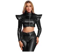 Lejafay Veste Courte Métallique Brillante pour Femme Costume Holographique Carnaval Longues Fermeture pour Outfits Blouson Disco Danse Fête Rave Noir M