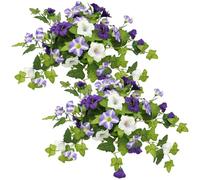 Lejelyma 2PCS Artificial Flowers for Outdoors, 20" Realistic Purple and White Petunias Fake Flowers, UV Resistant Silk Outdoor Faux Plants for Garden Balcony Yard Porch Indoor Decor