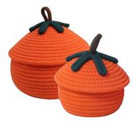 Lejelyma 2Pcs Woven Basket with Lid, Cotton Dustproof Pumpkin Woven Basket with Pull Handle for Candy, Snacks, Fruits, Toys