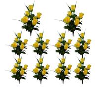 Lejelyma Artificial Rose 10 Bouquets 13.8'' Realistic Fake Roses with 7 Heads Silk Faux Flowers Cemetery Flowers for Grave Vivid Artificial for Wedding Party Home Decoration Yellow