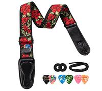 LEKATO LGS-6 Sangle de Guitare Sangle de Guitare Acoustique Electrique Ceinture de Guitare avec 6 médiators Motif de Broderie de Fleurs Sangle de Basse pour Guitares Basses (Rouge)