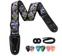 LEKATO LGS-6 Sangle de Guitare Sangle de Guitare Acoustique Electrique Ceinture de Guitare avec 6 médiators Motif de Broderie de Fleurs Sangle de Basse pour Guitares Basses (Violet)