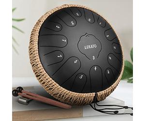 LEKATO Steel Tongue Drum, Tambour Handpan à 13 Pouces 15 Tons en C, Tambour à Langue de Grande Taille, Instrument de Percussion pour la Méditation, le Yoga, l'Education Musicale, Noir