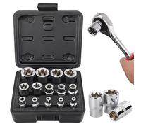 LEKEFETO Jeu de 14 clés à douille Torx externes 1/2 pouce, 1/4 pouce, 3/8 pouce, écrous Torx E E4-E24 en CR-V, extracteur de vis, jeu d'extracteurs d'écrous, jeu de douilles à profil spiralé