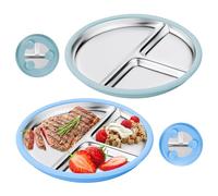 LEKEFETO Lot de 2 assiettes pour enfants en acier inoxydable avec ventouse - Assiettes divisées de 23 cm avec housse en silicone interchangeable, vaisselle incassable et antidérapante pour bébé pour