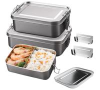 LEKEFETO Lot de 2 boîtes à déjeuner en acier inoxydable 850 ml + 1400 ml avec cloison mobile, anti-fuite en acier inoxydable, design à clipser pour enfants et adultes, passe au lave-vaisselle