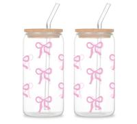 LEKEFETO Lot de 2 gobelets en verre avec couvercle et paille, 40 ml, avec couvercle et paille, design nœud décoratif, polyvalent, pour smoothie, latte