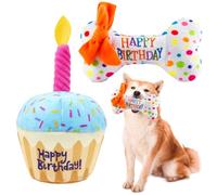 LEKEFETO Lot de 2 Jouets d'Anniversaire en Peluche Douce pour Chien - Peluche pour Chiot et Petit (Gâteau et Os)