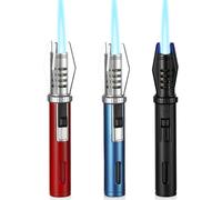 LEKEFETO Lot de 3 briquets rechargeables - Coupe-vent - Avec flamme réglable - Long briquet pour barbecue, cuisine, bougies, camping - Sans gaz - Bleu, rouge, noir