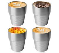 LEKEFETO Lot de 4 gobelets en acier inoxydable à double paroi, isolés, empilables, motif diamant, argenté, 300 ml, idéal pour la maison, bar, restaurant
