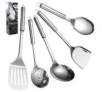 LEKEFETO Lot de 5 ustensiles de cuisine en acier inoxydable avec cuillère, louche, spatule, spatule et écumoire, avec dispositif de suspension en acier inoxydable 304, argenté