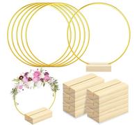 LEKEFETO Lot de 6 anneaux en métal doré de 30 cm avec support en bois : anneaux décoratifs en métal avec support, anneau de décoration avec pied, couronne de bricolage, attrape-rêves, pour bricolage