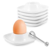 LEKEFETO Lot de 6 coquetiers en porcelaine : support carré en porcelaine avec ouvre-œufs en acier inoxydable, empilables pour le petit-déjeuner, avec coins arrondis et étagère, set de petit-déjeuner