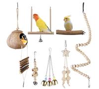 LEKEFETO Lot de 7 jouets pour oiseaux en bois naturel avec échelle d'escalade, hamac et accessoires pour perroquets - Facile à installer pour perruches et perruches