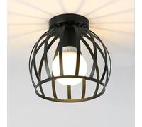 LEKEFETO Plafonnier Vintage, Suspension Industrielle au Style Industriel, Abat-Jour Métallique en Forme de Cage avec Socle en Bois, Douille E27, pour Couloir, Balcon et Salle à Manger, Ø 19cm