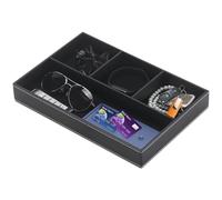 LEKEFETO Plateau de rangement en cuir - Organiseur de bureau avec 4 compartiments - Organiseur de poche - Pour téléphone portable, montre, clés, papeterie, pièces de monnaie, bijoux - Noir