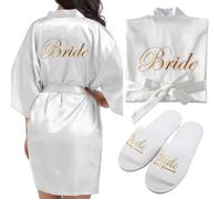 LEKEFETO Robe de chambre pour femme - En satin - Col en V - Robe de chambre avec chaussons - Pour mariage - Décoration de fête JGA, Blanc., taille unique