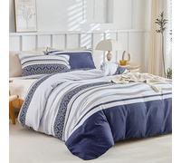 Lekesky Parure de lit 220 x 200 cm, parure de lit d'été 220 x 200 cm avec fermeture éclair + 2 taies d'oreiller 80 x 80 cm, rayures - Bleu