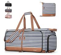 Lekesky Sac de voyage pliable, sac de w nd pour femme avec compartiment à chaussures, bleu à rayures, 60L