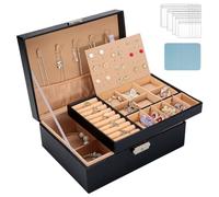 LELE LIFE Boîte à bijoux pour femmes et filles, grand organisateur de bijoux en cuir à 2 couches, verrouillable, pour homme, collier, boucles d'oreilles, bague, bracelet avec plateau amovible et sacs