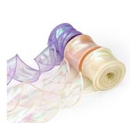 LELE LIFE Lot de 3 rouleaux de ruban en organza transparent irisé de 4 cm x 9,1 m, ruban en tulle pailleté pour bouquet de fleurs, emballage cadeau, nœuds de mariage, violet, rose champagne, beige