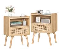 LELELINKY Lot de 2 Tables de Chevet en rotin bohème - Petite Table d'appoint en Bois avec tiroir et étagère Ouverte - Table de Chevet avec Pieds en Bois Massif - pour Salon, Table Basse, Chambre à