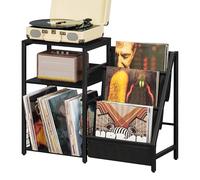 LELELINKY Table d'appoint noire, support de tourne-disque avec rangement en vinyle, table d'appoint à 3 niveaux avec étagère de rangement jusqu'à 150 albums, grande armoire industrielle pour salon