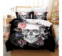 Leleyouzer Housse de Couette Tête de Mort 135×200cm,Motif Tête de Mort Gothique,Ensemble de Literie Tête de Mort avec Deux Taies d'oreiller 50×75cm(S4)