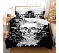 Leleyouzer Housse de Couette Tête de Mort 200×200cm,Motif Tête de Mort Gothique,Ensemble de Literie Tête de Mort avec Deux Taies d'oreiller 50×75cm(S5)