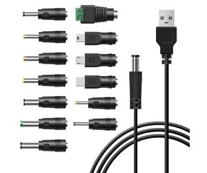 Leloco Câble USB vers DC, 13 en 1 USB A vers fiche creuse, câble de charge universel, câble d'alimentation avec 13 fiches pour routeur, rasoir, boîtier TV, bandes LED, hub Philips Hue, etc