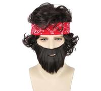LeMarnia Perruque de costume pour homme et fausse barbe turban marron courte bouclée pour Halloween, cosplay, fête costumée, perruques amusantes