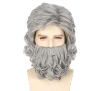 LeMarnia Perruque et barbe pour homme âgé - Courte ondulée - Perruque grise de sorcier pour homme - Barbe de Père Noël grise classique et perruque de grand-père pour carnaval et fête de Noël