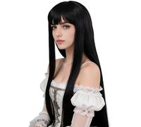 LeMarnia Perruque noire longue et raide avec frange pour filles, costume d'Halloween et cosplay