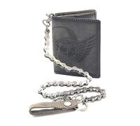 Lemasi Portefeuille de motard avec chaîne en cuir naturel de chasseur avec protection RFID Motif tête de mort, Gris avec chaîne de vélo haute, M, Contemporain