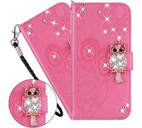 LEMAXELERS Coque pour Samsung A16, Coque Magnétique Portefeuille Étui Housse Coque Gaufrage Paillette Diamant Hibou avec Fonction de Support et Crédit Slot PU Cover pour Galaxy A16,YK Pink