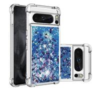 LEMAXELERS Liquide Coque pour Google Pixel 8 Pro, Paillette Brillante Quicksands Liquide Transparente Antichoc Étui de Protection Silicone TPU Case Housse pour Google Pixel 8 Pro, YBLS Blue Heart