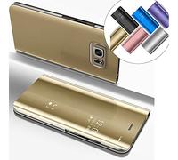 LEMAXELERS Samsung Galaxy S6 Edge+ Coque Clear View Folio Bookstyle Miroir Makeup Swag Leather Wallet Housse Case Cover avec de Fonction pour Samsung S6 Edge Plus,Mirror PU:Gold
