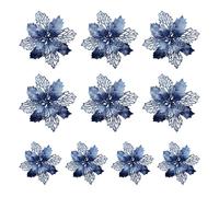 LEMCC Lot de 10 poinsettia artificielles avec pinces bleues pour décoration de sapin de Noël, de mariage, de fête, Bleu, 11cm/4.3inch