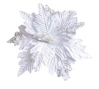 LEMCC Lot de 6 pics de fleurs poinsettia artificielles de 24,9 cm avec tiges à paillettes pour décoration de sapin de Noël Blanc