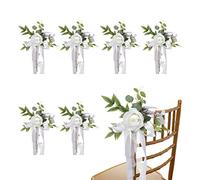 LEMCC Lot de 6 pivoines artificielles avec Rubans pour décoration de Chaise de Mariage, cérémonie, réception, allée de Mariage, décorations Florales pour église, Banc, Blanc, 27 cm
