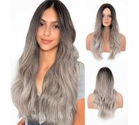 LEMEIZ-132 - Perruque brune foncée ombrée à blonde cendrée pour femme - perruque synthétique afro aux cheveux blonds ondulés avec des racines brunes - 50,8 cm