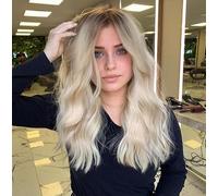 LEMEIZ-188 - Perruque ondulée sans colle pour femme - perruque brune ombrée et blonde platine avec raie au milieu - cheveux synthétiques blonds avec racines brunes - 56 cm