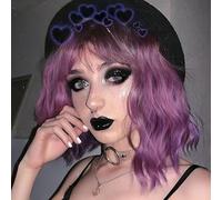 LEMEIZ Flawless Beachy Weave Purple Wigs with Bangs Ombre Dark to Purple Synthetic Wigs for Women Short Wob Hair Wigs uk 10 inch LEMEIZ-134