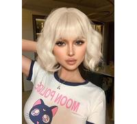 LEMEIZ White Blonde Curly Bob Wig with Fringe, Synthetic Hair Short Wob Silver White Wig for Cosplay 12 inch LEMEIZ-134-14