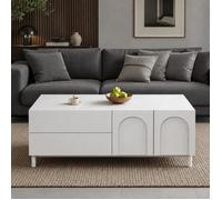 LEMLIT Table basse blanc 2 tiroir et 2 portes 100x50x39 5 cm design contemporain graphique