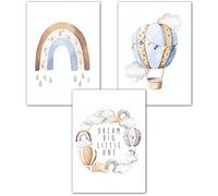 Lemmami Papeterie Lot de 3 posters décoratifs bohème pour chambre d'enfant et bébé fille garçon Dream Big Little One (bleu montgolfière arc-en-ciel)