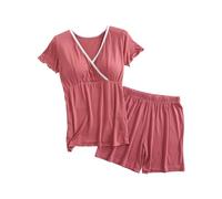 Lemoiitea Ensemble de pyjama de maternité pour femme enceinte, doux et confortable, col en V, manches courtes, haut d'allaitement avec coussinets et short à taille élastique, 2 pièces, vêtements de