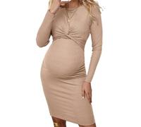 Lemoiitea Robe de grossesse pour femme - Col rond - Manches longues - Robe mi-longue moulante - Couleur unie - Robe décontractée pour femme enceinte - Vêtements de mère, beige, M